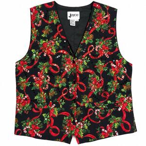 Vintage Joyce Christmas Vest Womens 14 Black Sequin Candy Cane Holiday 90s Rayon